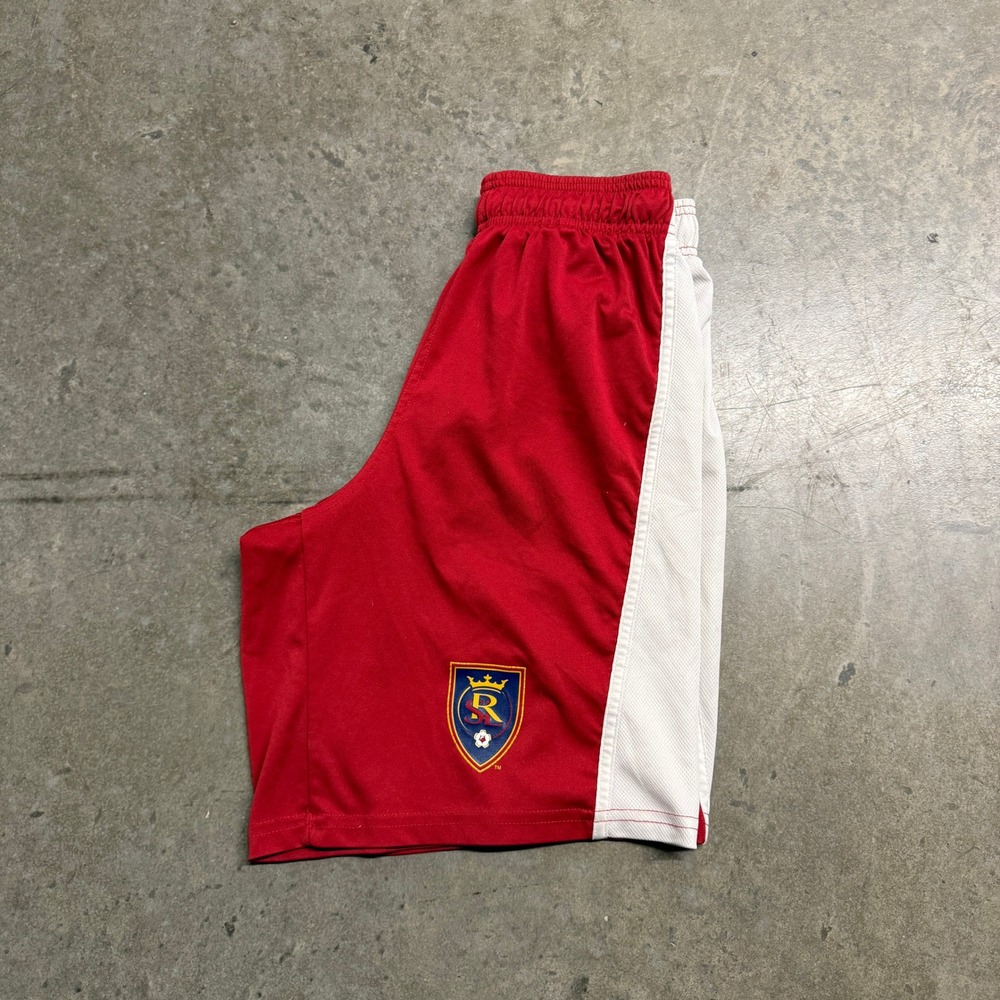 Real Salt Lake MLS Soccer Shorts Mens‎ Red White Athletic Team Crest Mesh